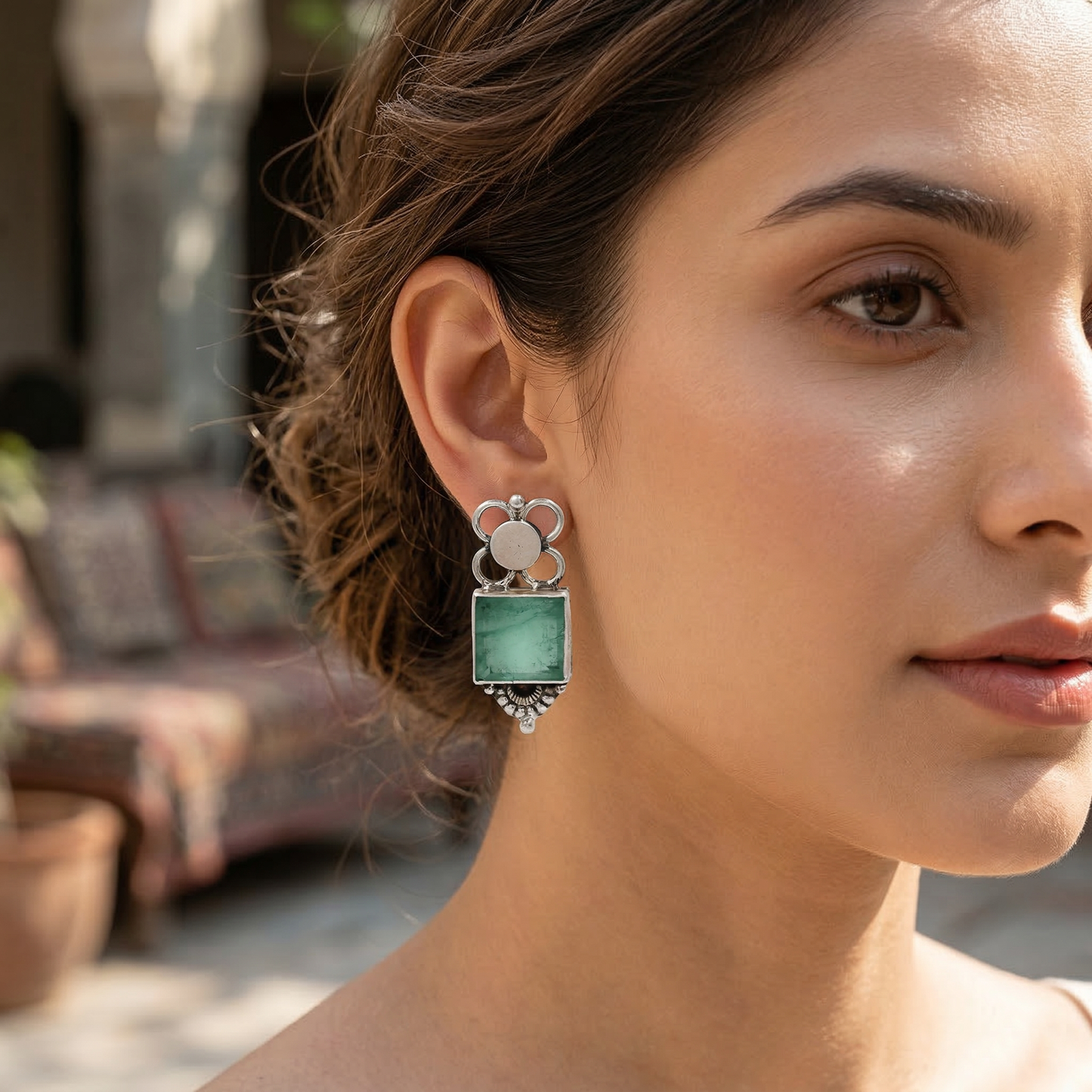 Sangeeta Boochra Handcrafted Silver Earrings with Green Stone