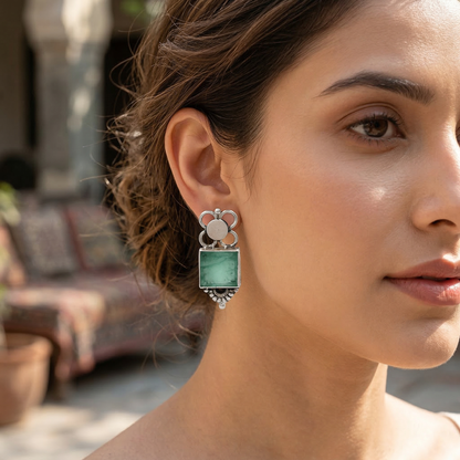 Sangeeta Boochra Handcrafted Silver Earrings with Green Stone