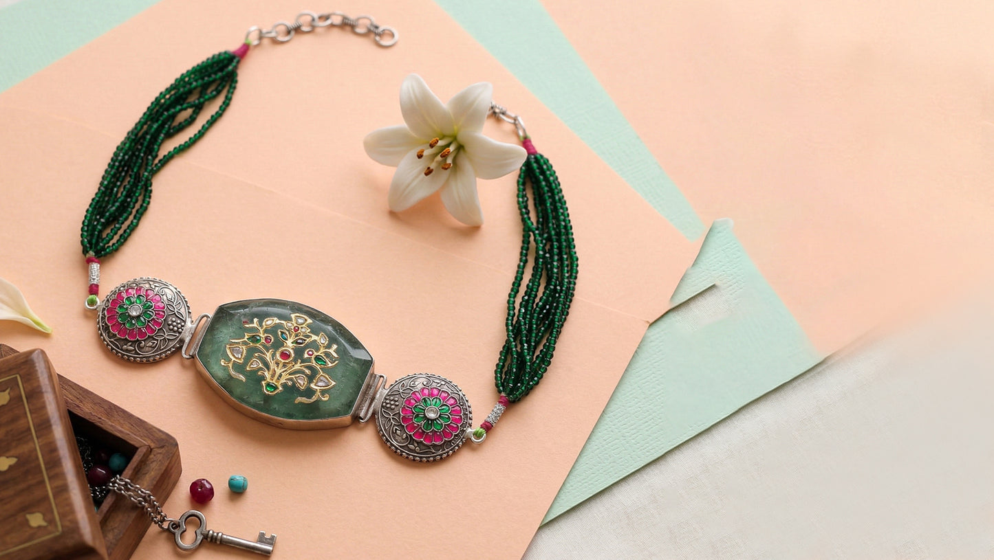 Sangeeta Boochra Heritage Silver Choker with Green Stone Detailing