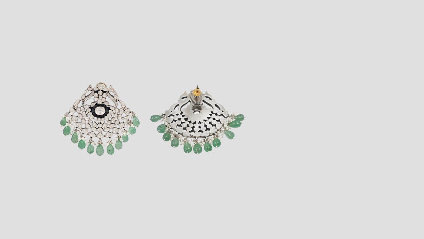 Sangeeta Boochra Heritage Moissanite Chand Earrings with Green Bead Drops