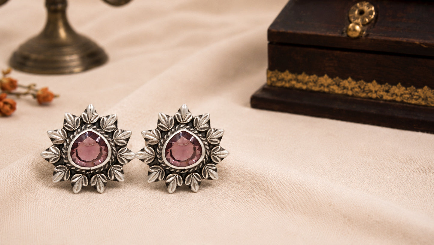 Oxidised Silver Flower Studs with Pink Stone – Sangeeta Boochra