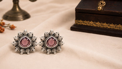 Oxidised Silver Flower Studs with Pink Stone – Sangeeta Boochra