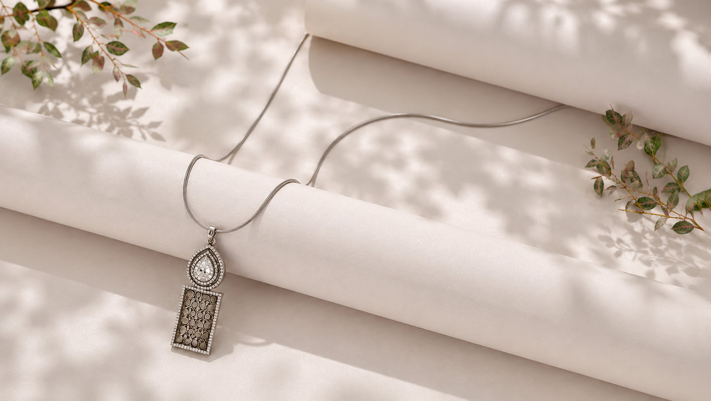 Sangeeta Boochra Sterling Silver Oxidised Pendant with Pear Moissanite