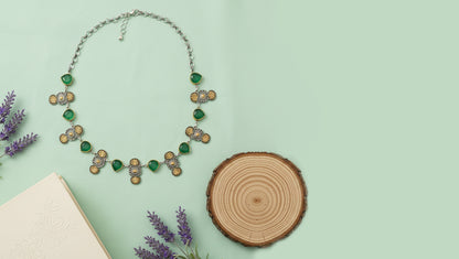 Sangeeta Boochra Silver Necklace with Green Stone & Floral Motifs