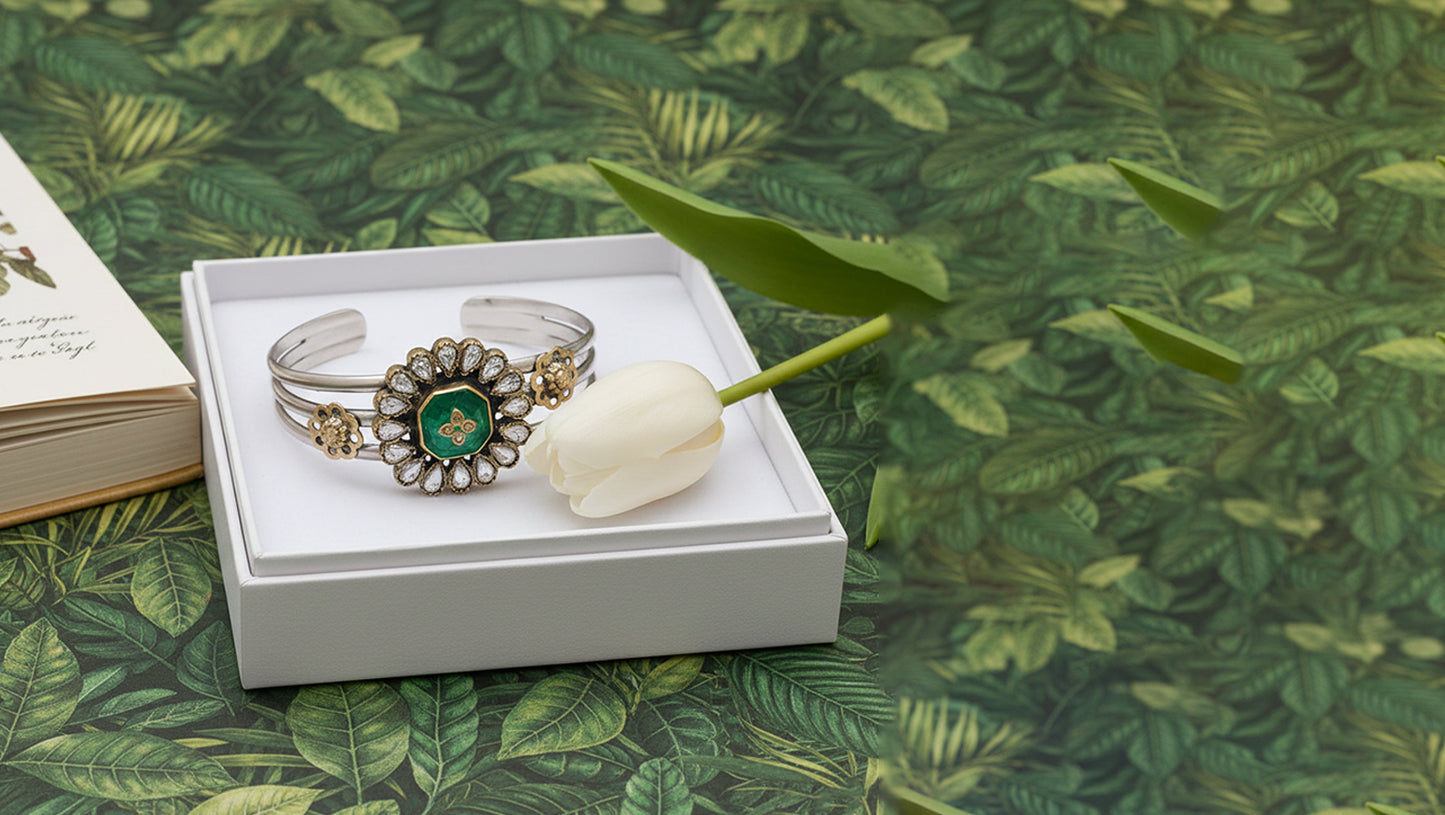 Elegant Green Stone Statement Silver Bracelet – Sangeeta Boochra