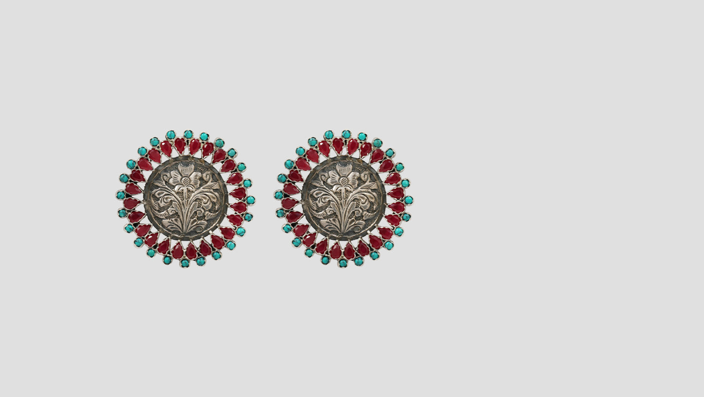 Sangeeta Boochra Heritage Floral Oxidised Silver Round Earrings