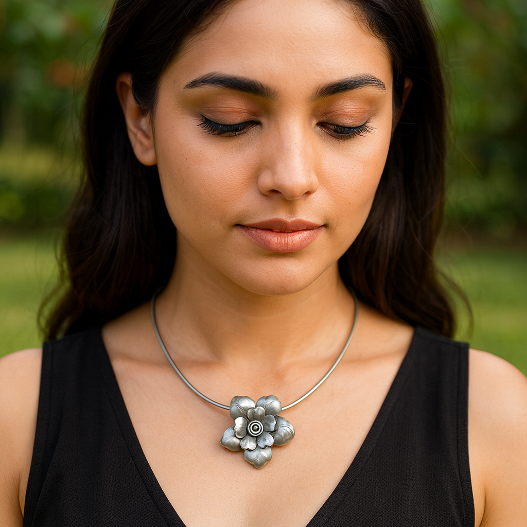 Sangeeta Boochra Elegant Oxidised Silver Bloom Pendant