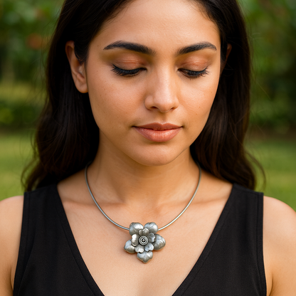 Sangeeta Boochra Elegant Oxidised Silver Bloom Pendant