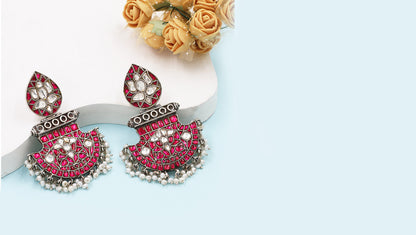 Sangeeta Boochra Handmade Pink Tribal Silver Earrings