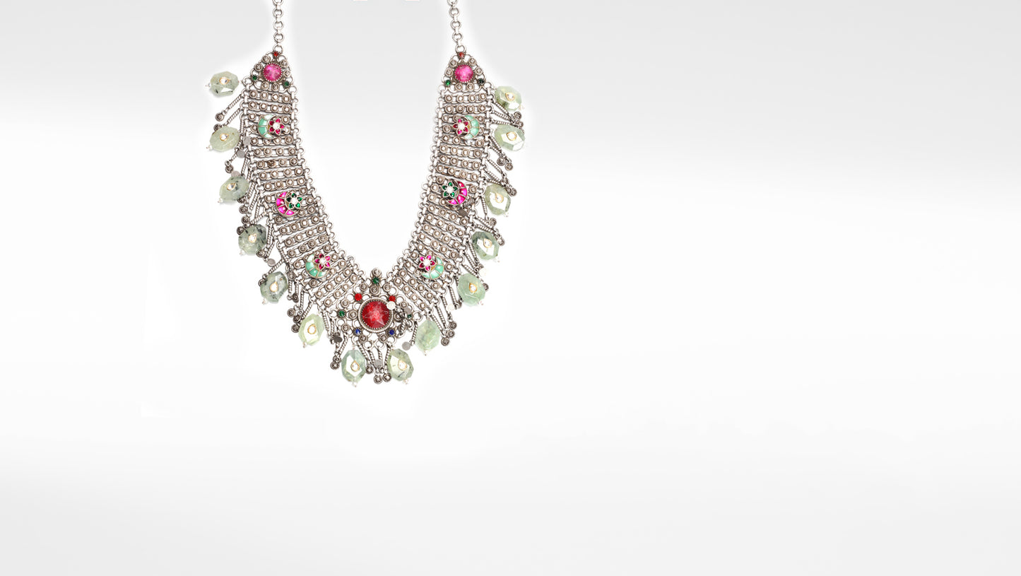 Sangeeta Boochra Pink Tribal Silver Necklace With Emerald, Turquoise And Ruby