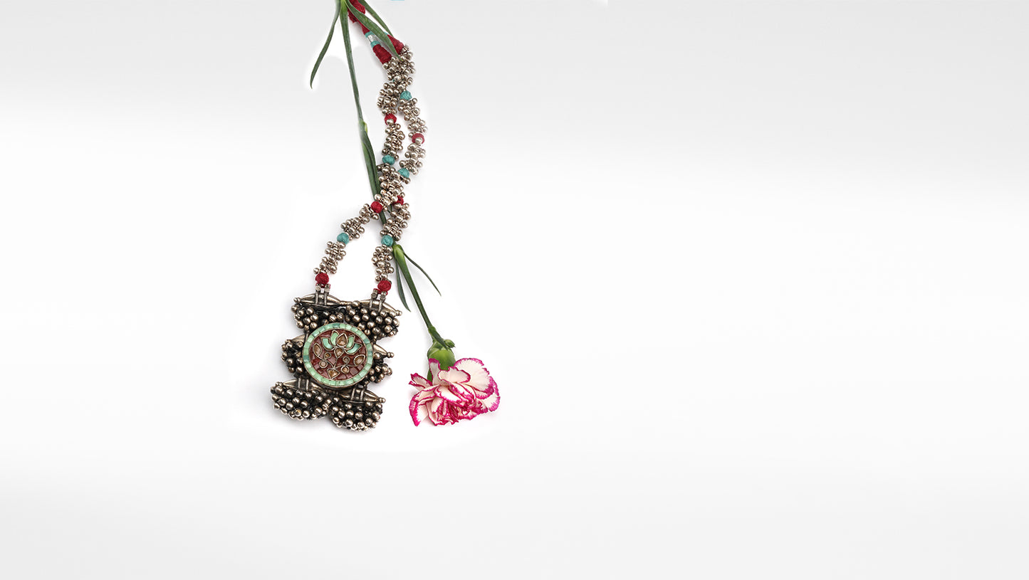 Sangeeta Boochra Red Tribal Silver Necklace