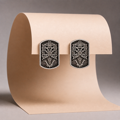 Sangeeta Boochra Handcrafted Oxidised Silver Floral Statement Stud Earrings