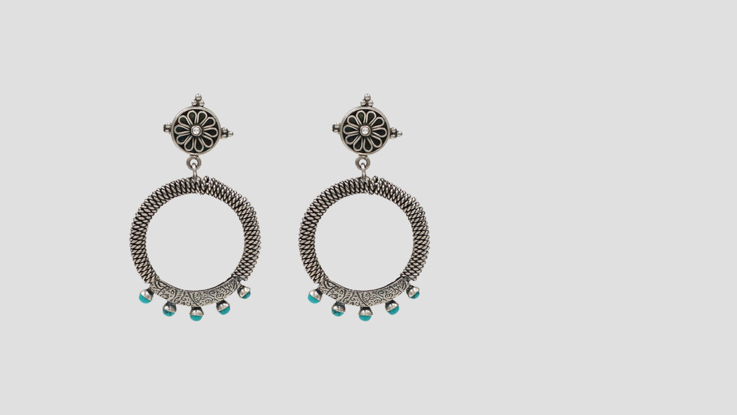 Turquoise Accent Silver Hoop Earrings by Sangeeta Boochra