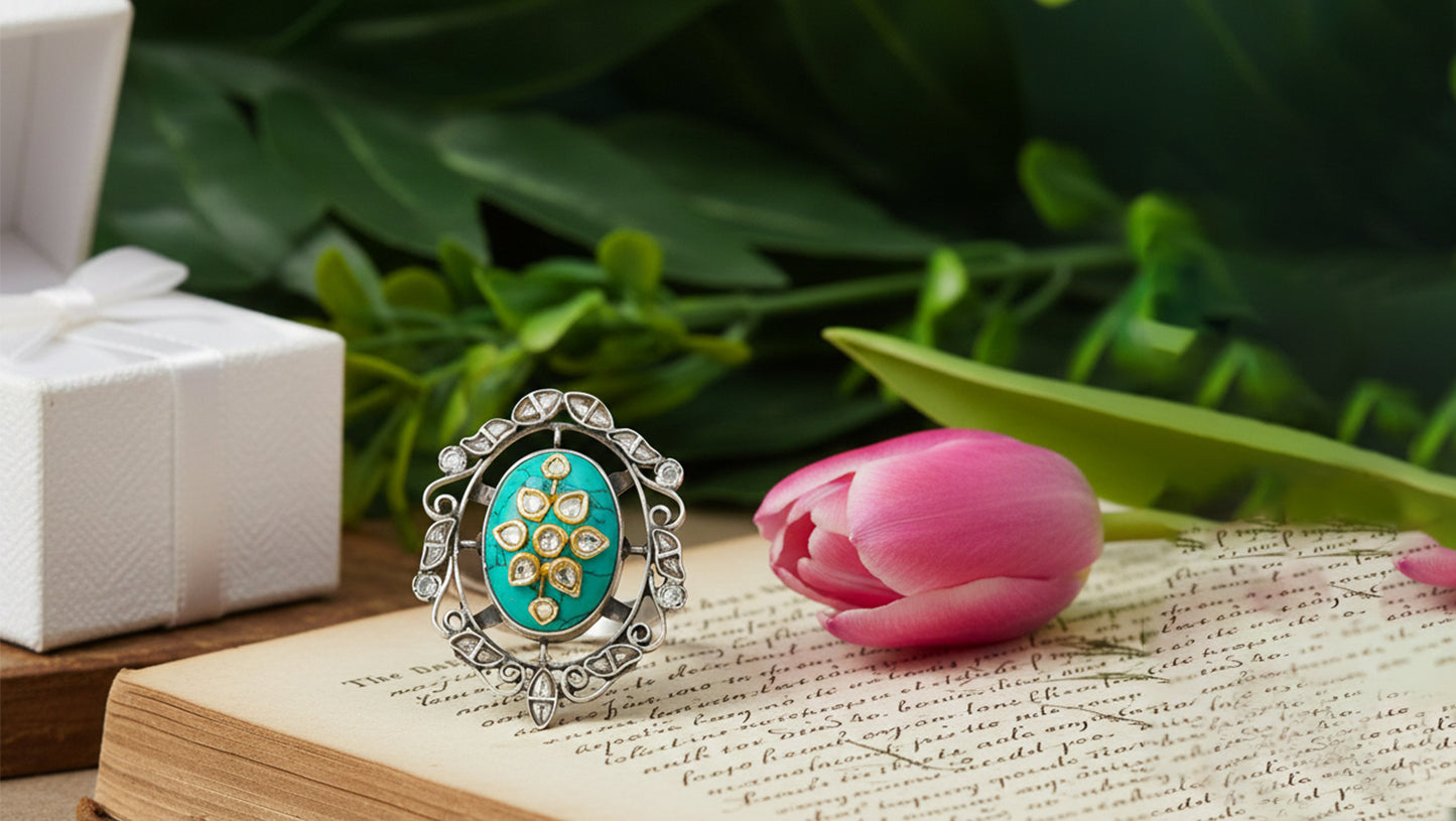 Sangeeta Boochra Handcrafted Turquoise & Kundan Silver Ring