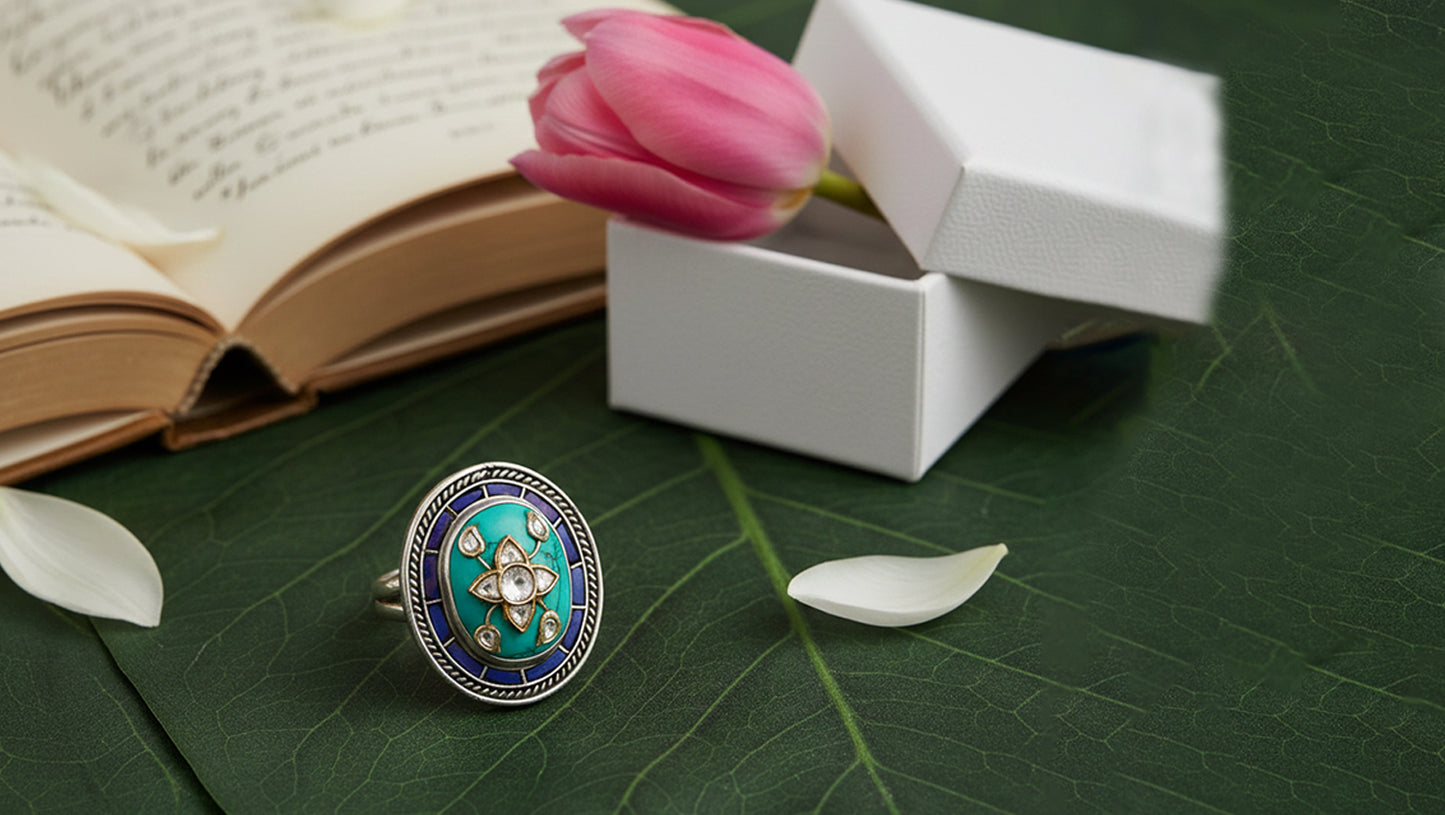 Sangeeta Boochra Turquoise & Kundan Silver Statement Ring