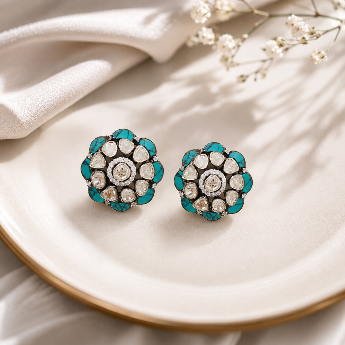 Sangeeta Boochra Turquoise & Moissanite Floral Silver Stud Earrings