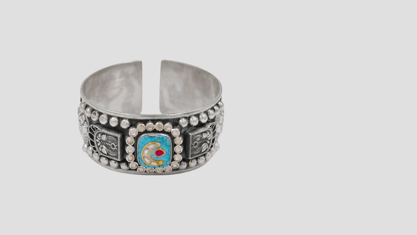 Sangeeta Boochra Artisan Oxidised Silver Cuff with Stone Detailing