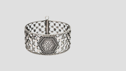 Sangeeta Boochra Oxidised Silver Hexagon Floral Statement Bangle
