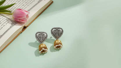 Sangeeta Boochra Vintage Peacock Motif Silver Earrings with Gold Jhumka