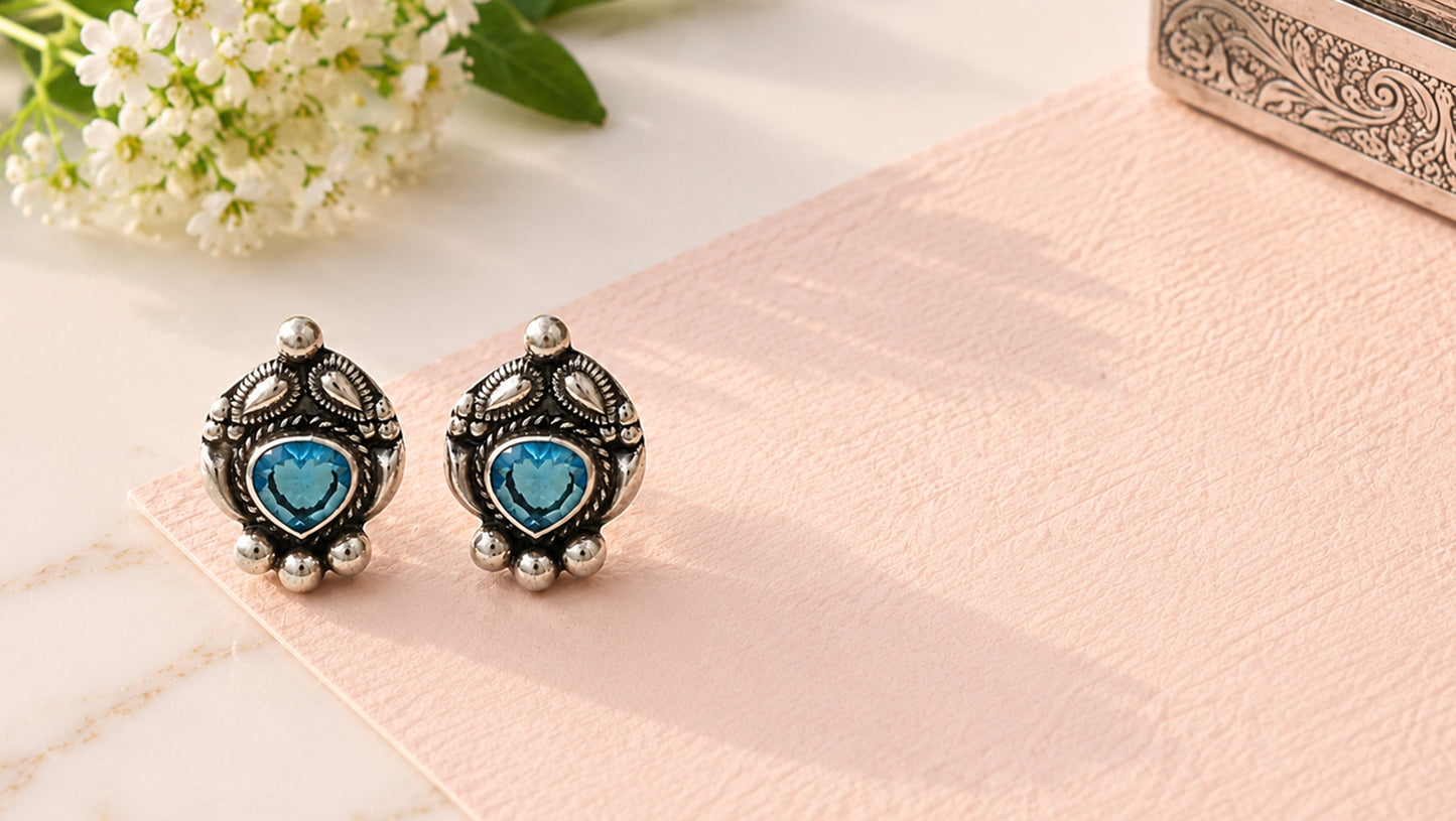 Heritage Sky Blue Heart Stone Oxidised Silver Studs | Sangeeta Boochra