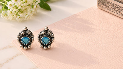 Heritage Sky Blue Heart Stone Oxidised Silver Studs | Sangeeta Boochra