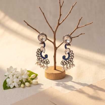 Sangeeta Boochra Peacock-Inspired Silver Earrings with Moissanite & Kundan