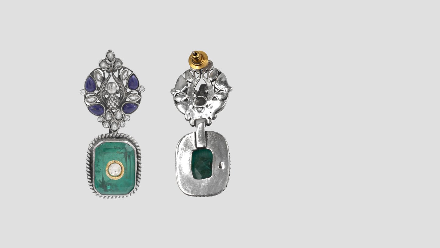 Oxidised Silver Floral Earrings with Green Gemstone – Sangeeta Boochra