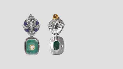 Oxidised Silver Floral Earrings with Green Gemstone – Sangeeta Boochra