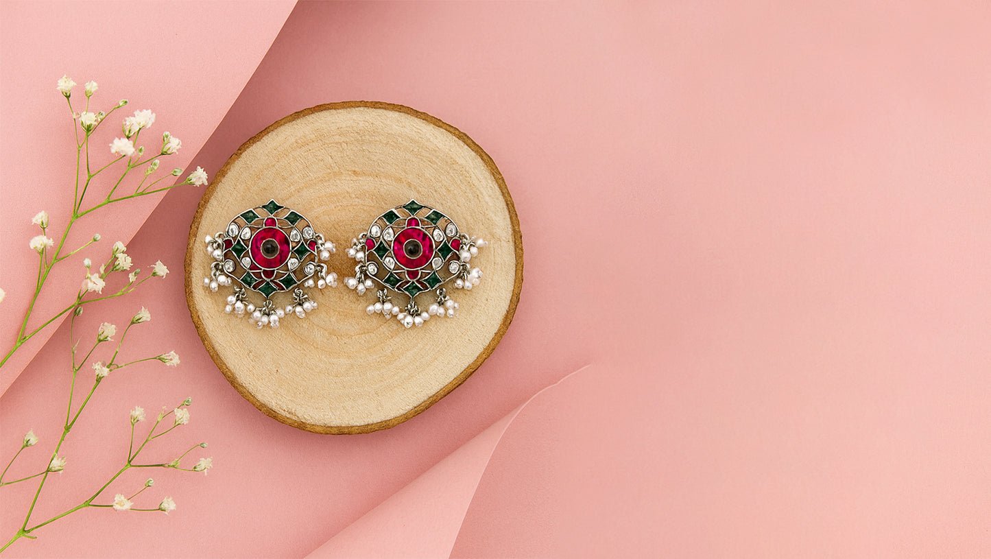 Sangeeta Boochra Oxidised Silver Studs with Red & Green Enamel