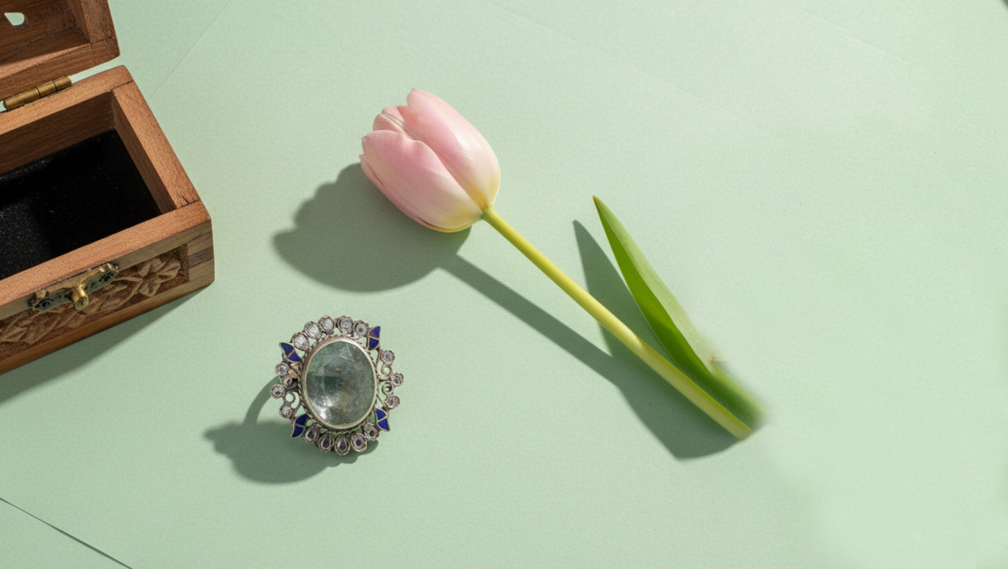 Sangeeta Boochra Designer Silver Ring with Lapis Kundan Accents