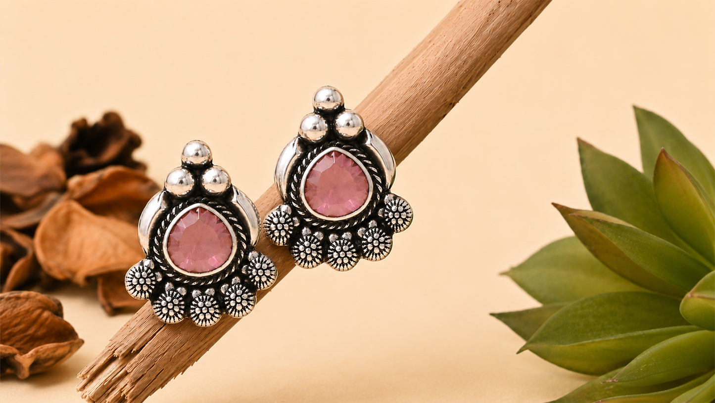 Oxidised Silver Floral Stud Earrings with Pink Stone – Sangeeta Boochra