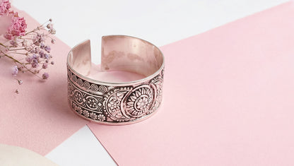 Sangeeta Boochra Floral Engraved Oxidised Silver Cuff
