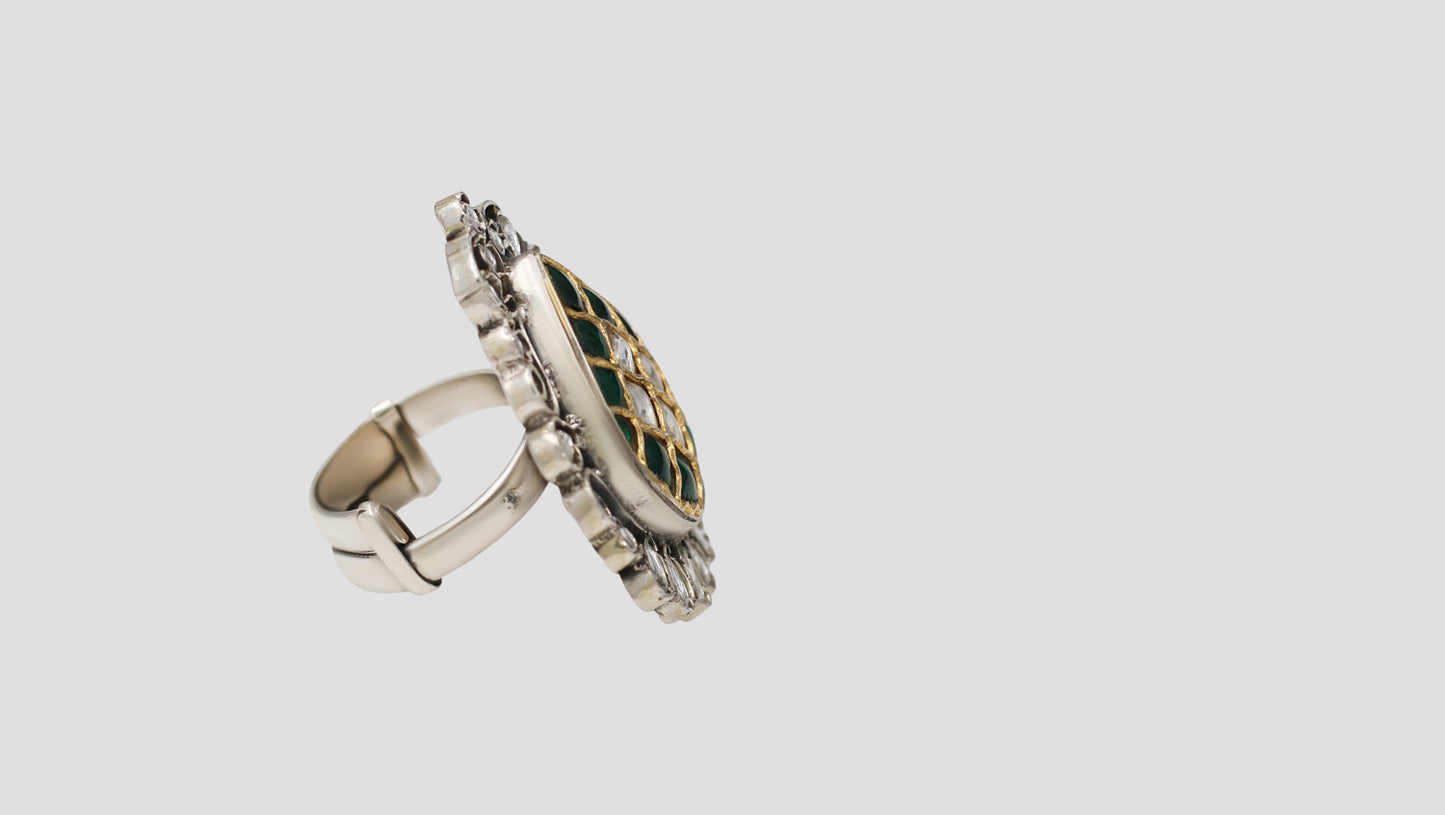 Handcrafted Green & White Kundan Silver Ring by Sangeeta Boochra
