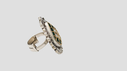 Handcrafted Green & White Kundan Silver Ring by Sangeeta Boochra