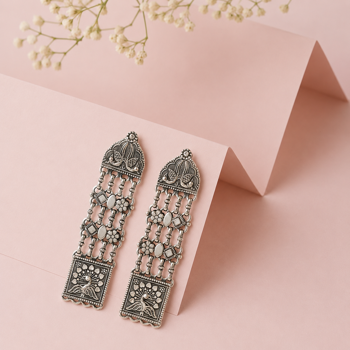 Sangeeta Boochra Handcrafted Oxidised Silver Peacock Motif Long Earrings