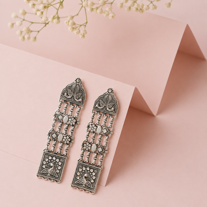 Sangeeta Boochra Handcrafted Oxidised Silver Peacock Motif Long Earrings