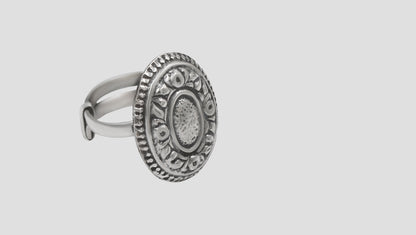 Sangeeta Boochra Oxidised Silver Oval Floral Statement Ring