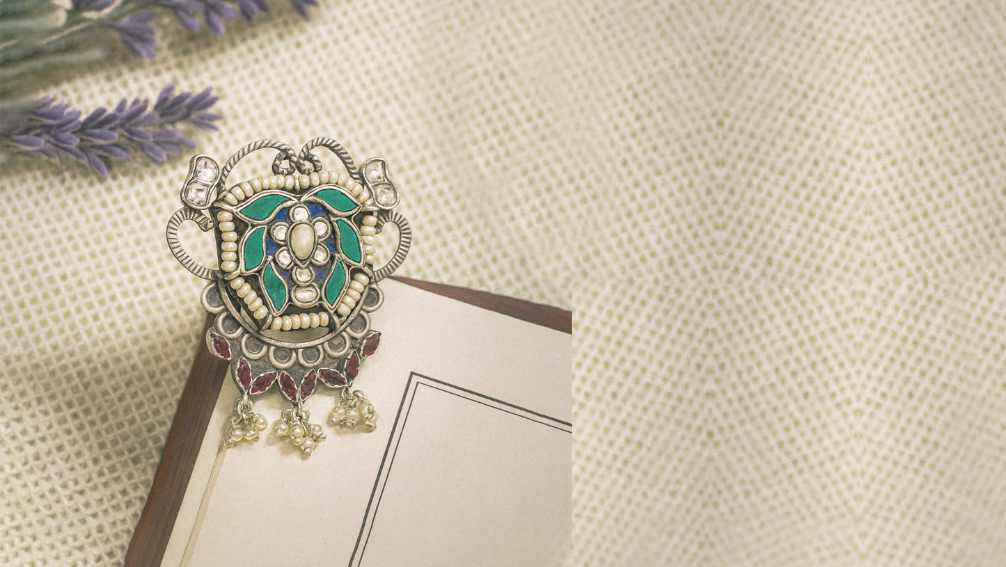 Sangeeta Boochra Handcrafted Silver Floral Kundan Ring