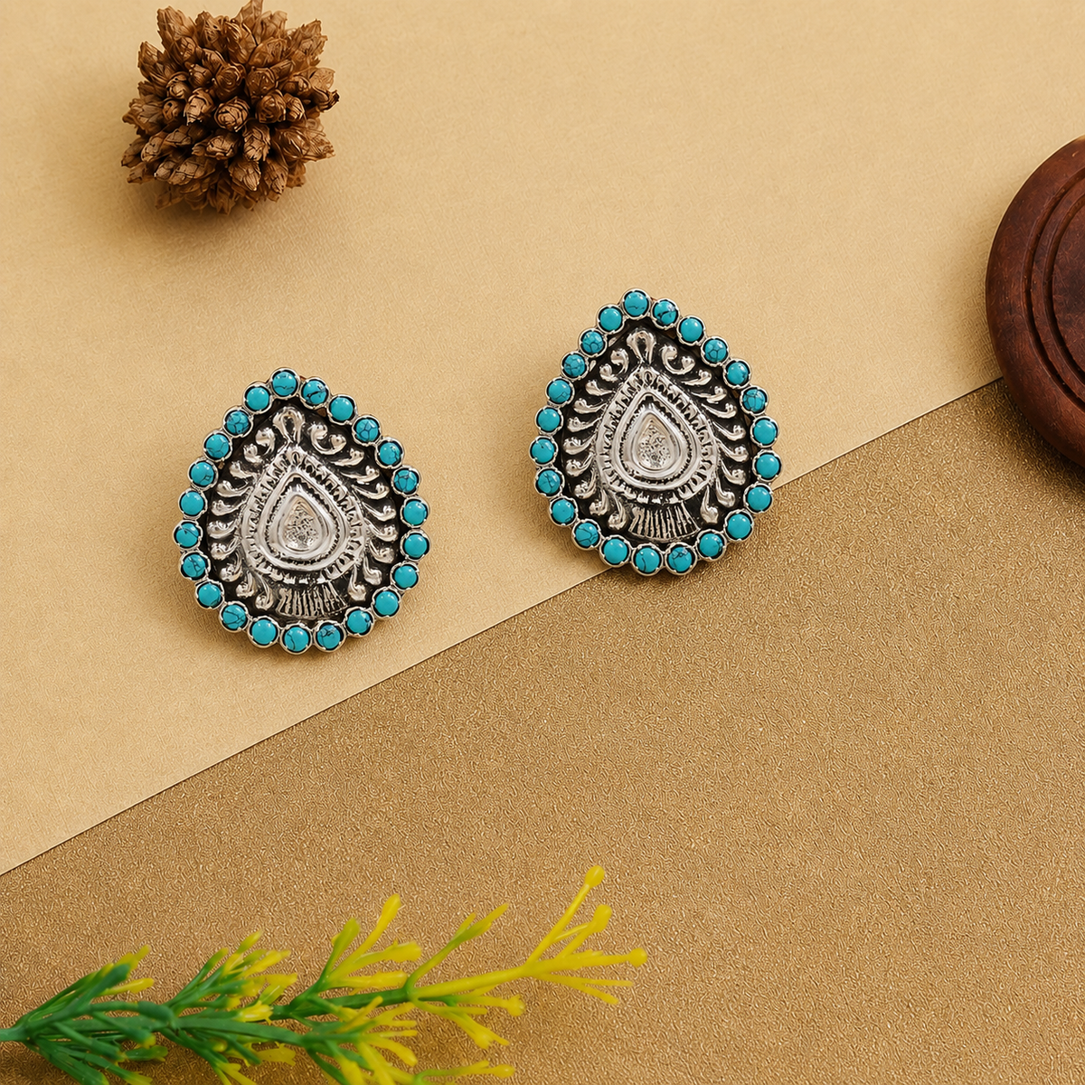 Sangeeta Boochra Oxidised Silver Stud Earrings with Turquoise Stone Detailing