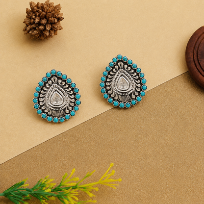 Sangeeta Boochra Oxidised Silver Stud Earrings with Turquoise Stone Detailing