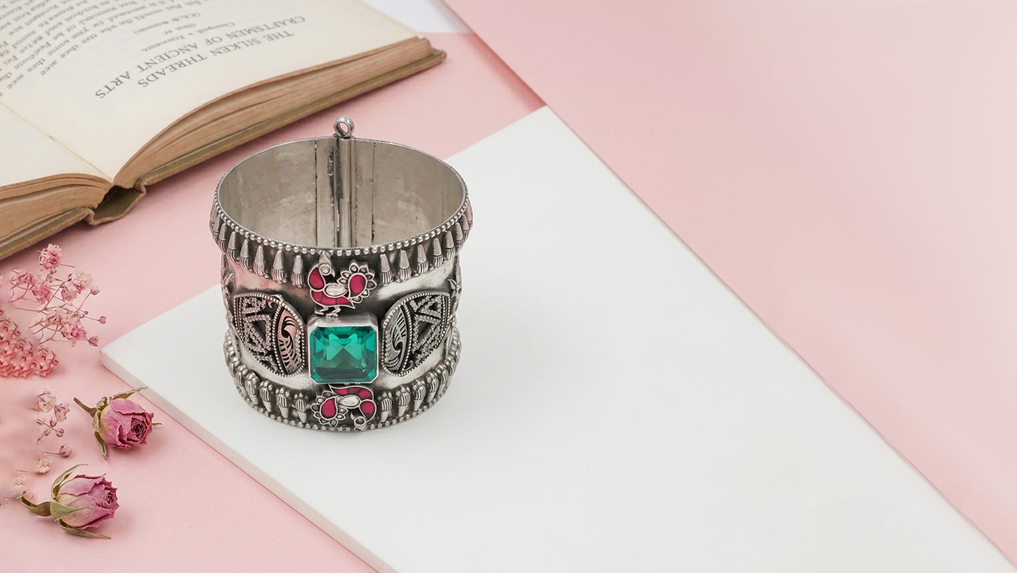 Sangeeta Boochra Floral Motif Oxidised Silver Bangle