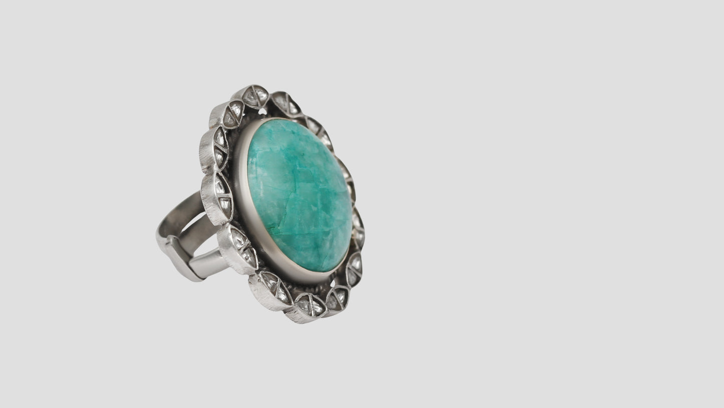 Sangeeta Boochra Handcrafted Silver Round Green Stone Ring