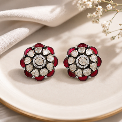 Sangeeta Boochra Handcrafted Silver Floral Earrings with Red Kundan & Moissanite