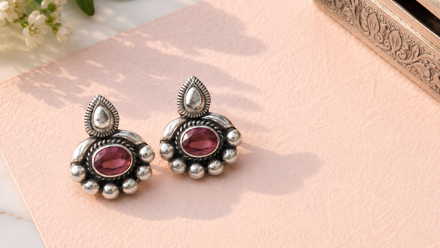 Handcrafted Oxidised Silver Ruby Red Stone Studs | Sangeeta Boochra