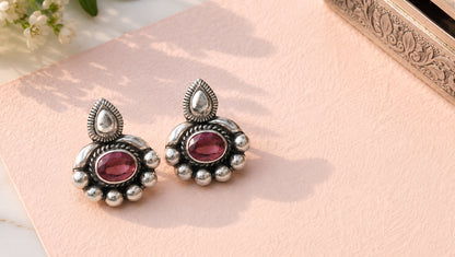 Handcrafted Oxidised Silver Ruby Red Stone Studs | Sangeeta Boochra