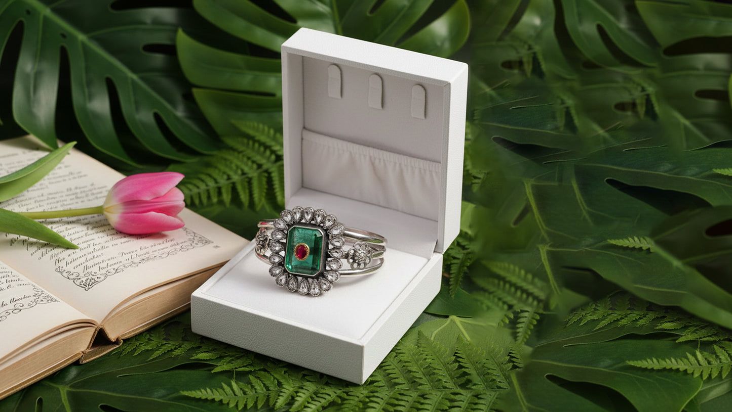 Sangeeta Boochra Royal Green Halo Silver Bracelet