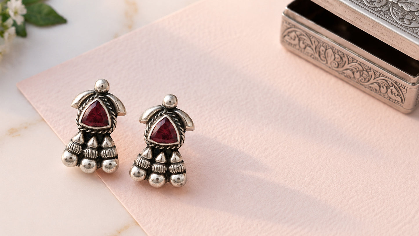 Oxidised Silver Stud Earrings with Ruby Red Trillion Stone – Sangeeta Boochra