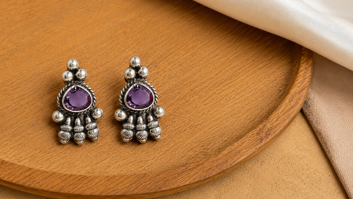 Oxidised Silver Stud Earrings with Purple Teardrop Stone – Sangeeta Boochra
