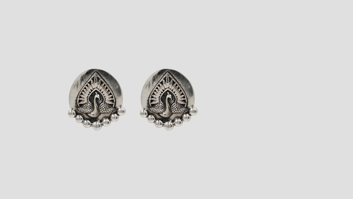 Sangeeta Boochra Peacock Motif Oxidised Silver Statement Earrings