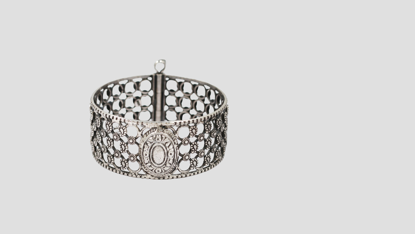 Sangeeta Boochra Intricate Floral Oxidised Silver Openable Bangle